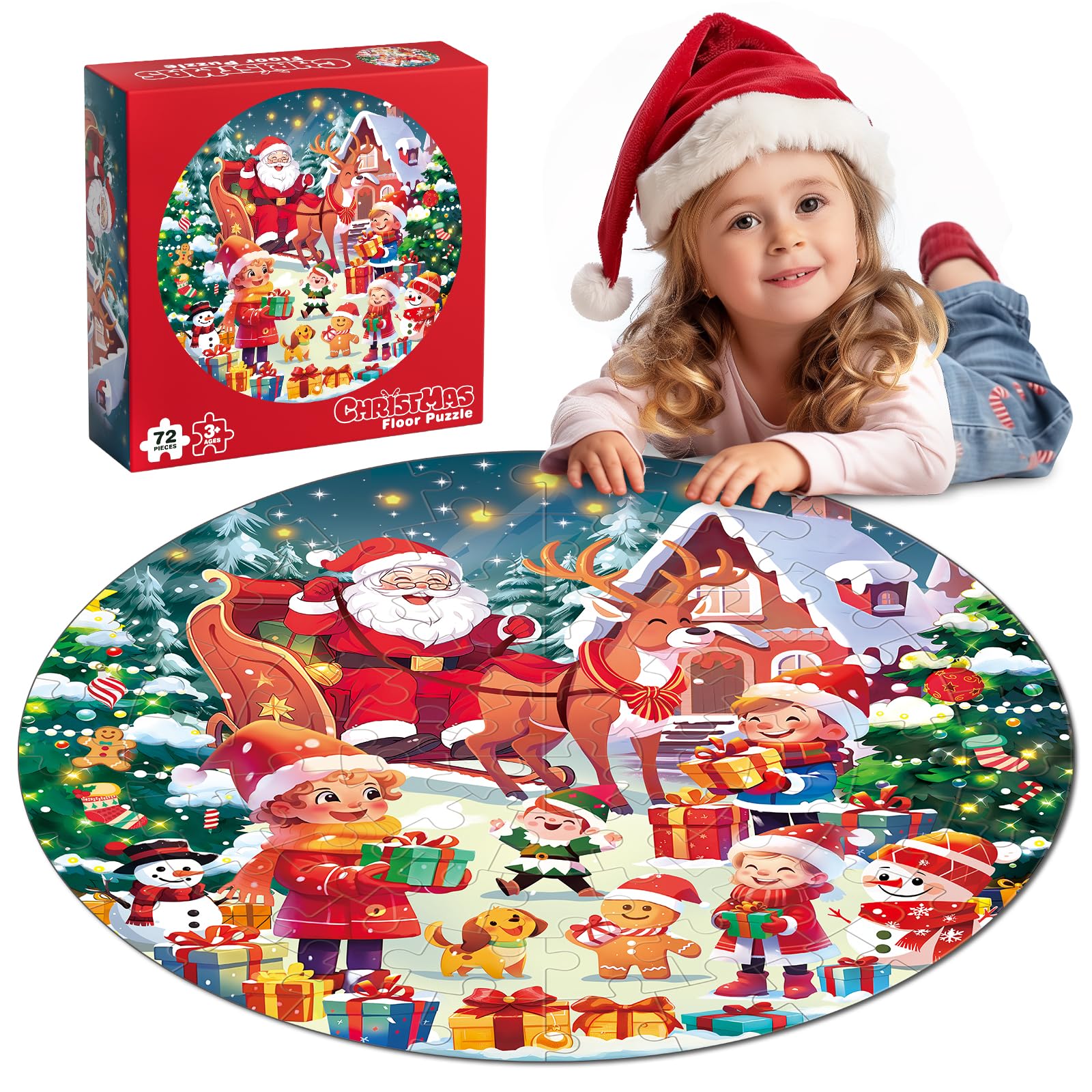 rifamee round Christmas floor puzzle with 72 shimmering pieces for focused play.
