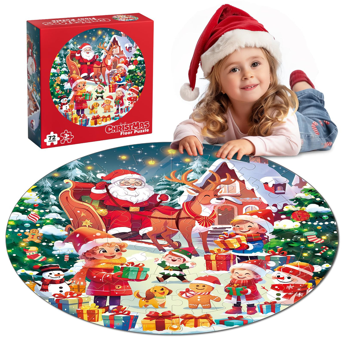 rifamee round Christmas floor puzzle with 72 shimmering pieces for focused play.