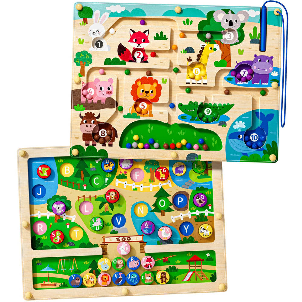 Rifamee Zoo Maze board front view shows colorful animals for letter matching.