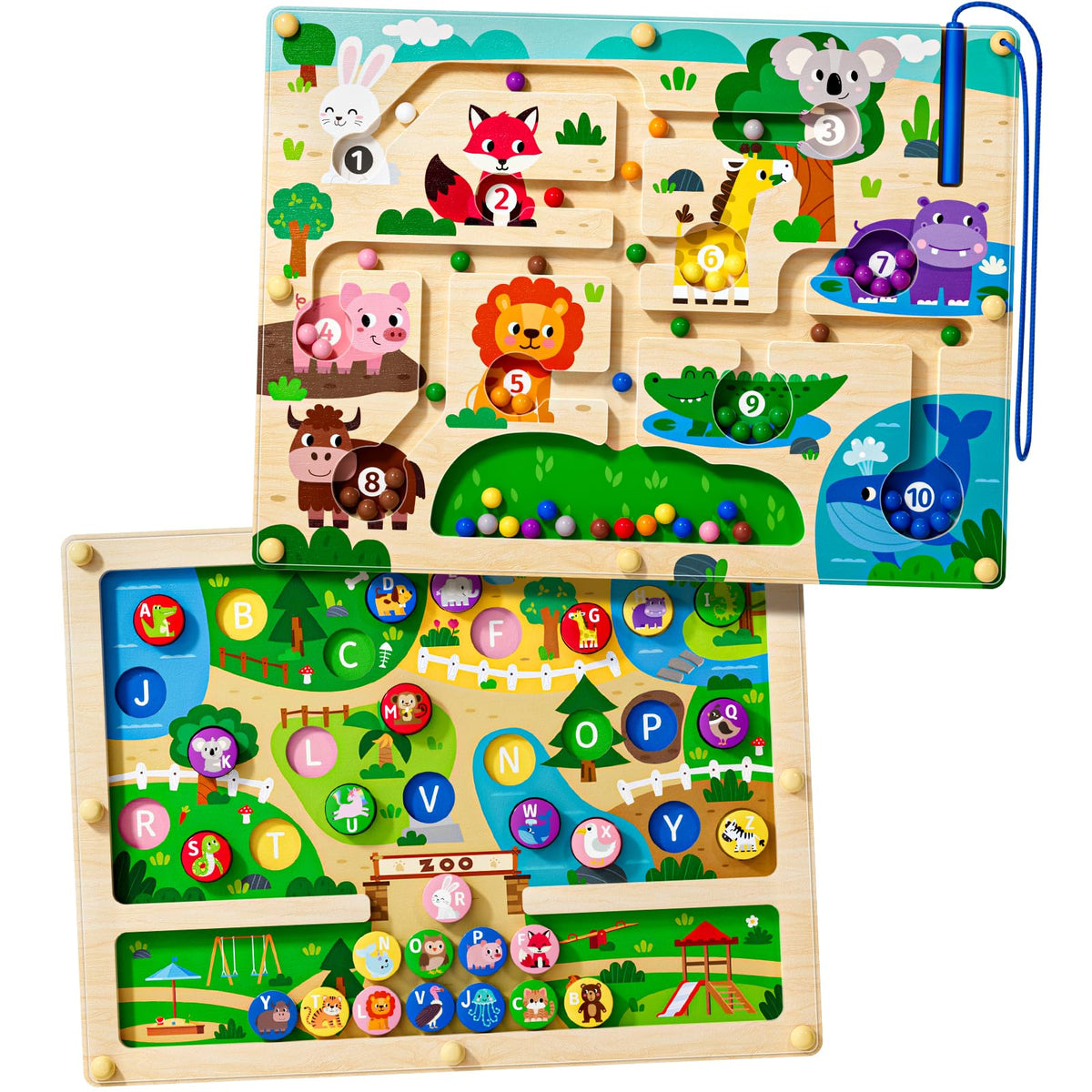Rifamee Zoo Maze board front view shows colorful animals for letter matching.