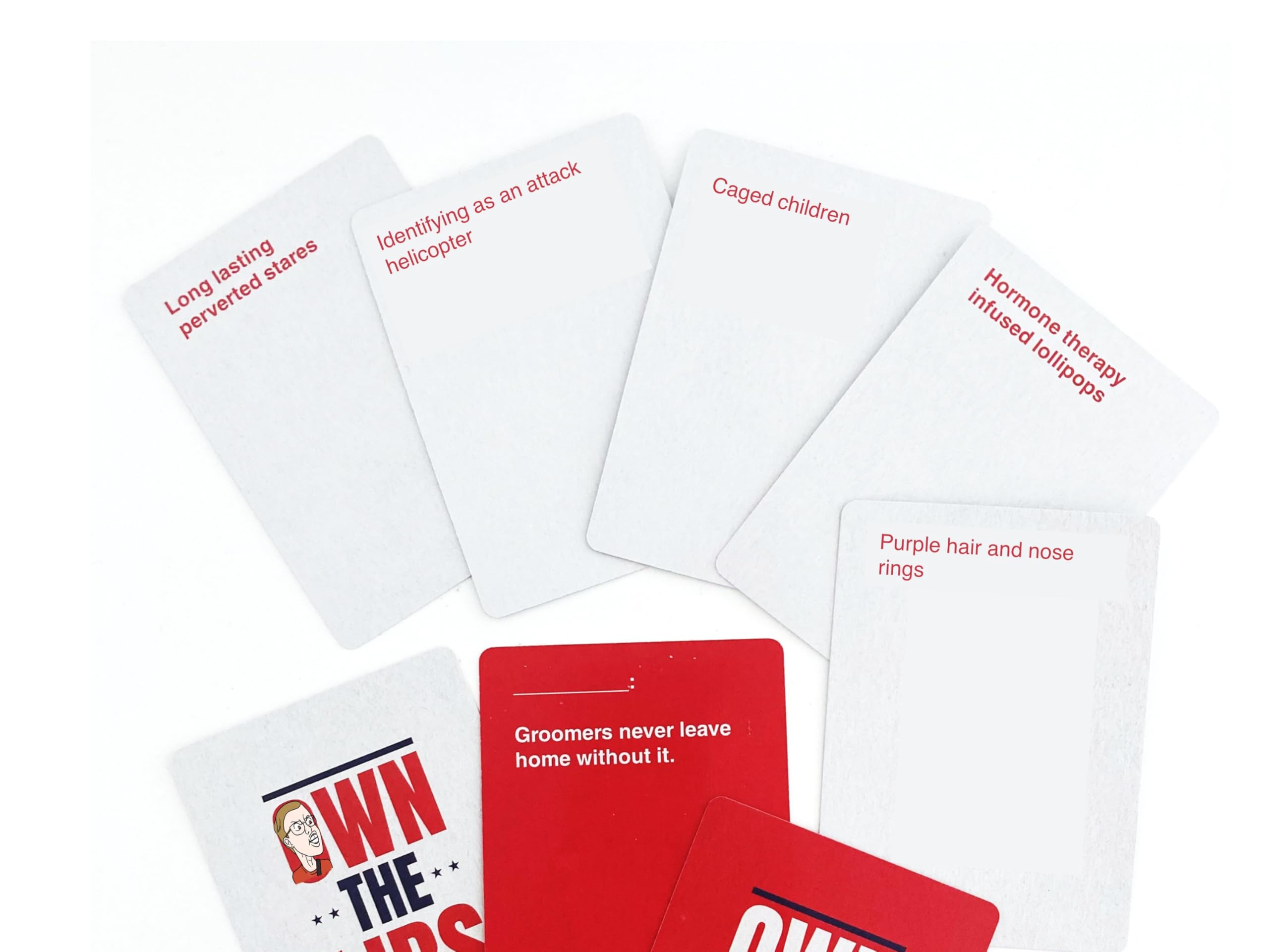 Right Or Racist Own The LlBBs close-up of colorful phrase cards.
