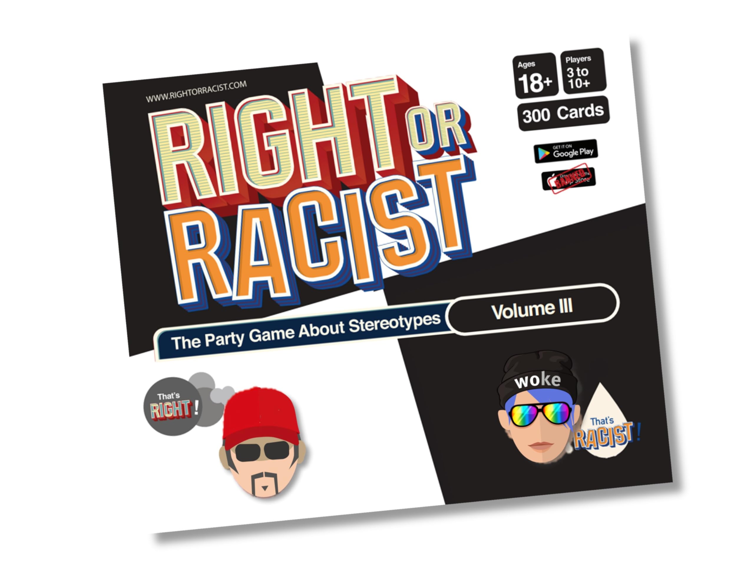 Right Or Racist Vol 3 box front, bold party game packaging for group fun