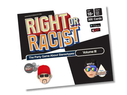 Right Or Racist Vol 3 box front, bold party game packaging for group fun