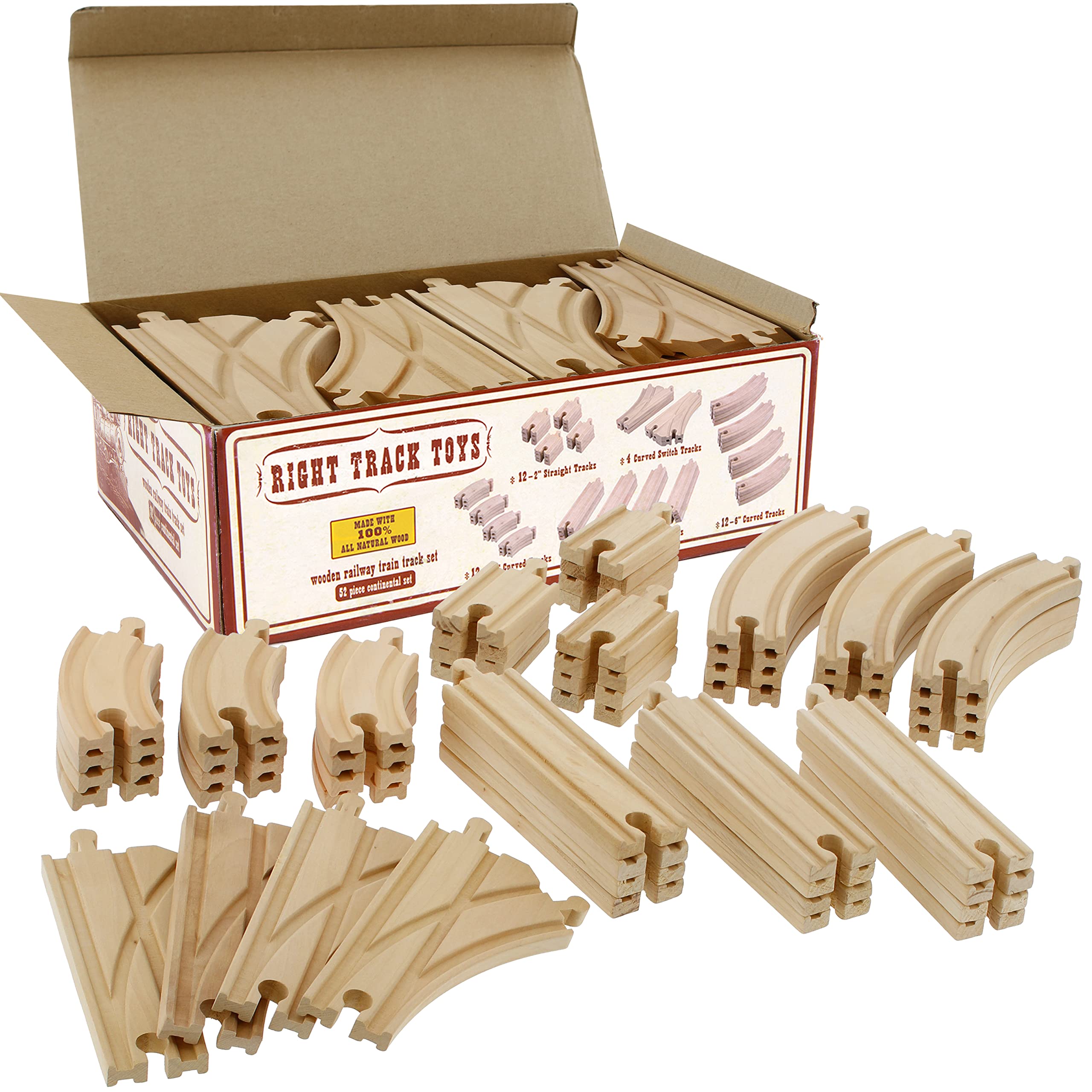 Right Track Toys wooden train track set with 52 pieces for expansive imaginative play