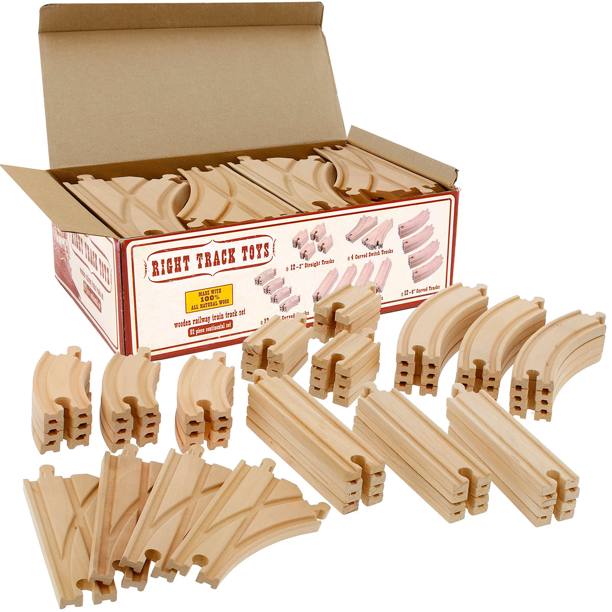 Right Track Toys wooden train track set with 52 pieces for expansive imaginative play