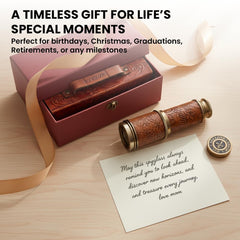 ROORKEE RII brass handheld telescope with carved leather case, portable elegance.