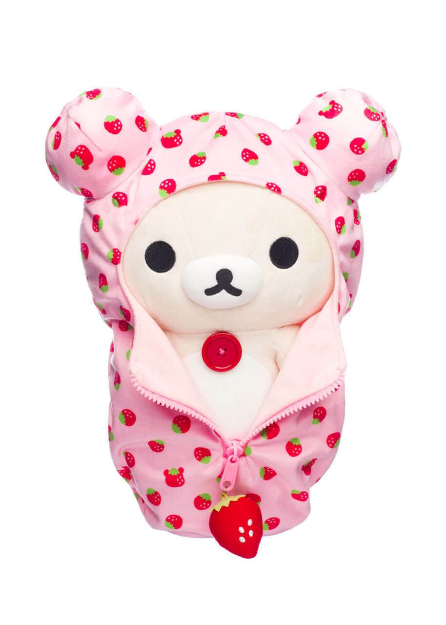 Rilakkuma strawberry pattern detail adds charm to bedtime decor.