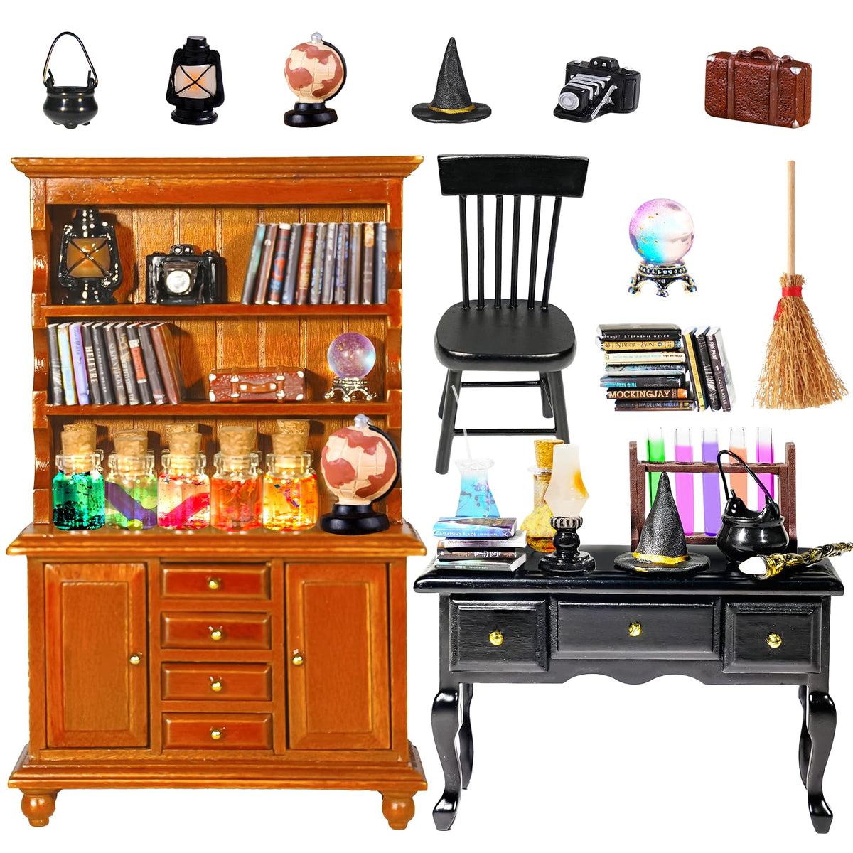 Rileryan mini bookshelf-desk-chair shows sturdy wood for a cozy diorama