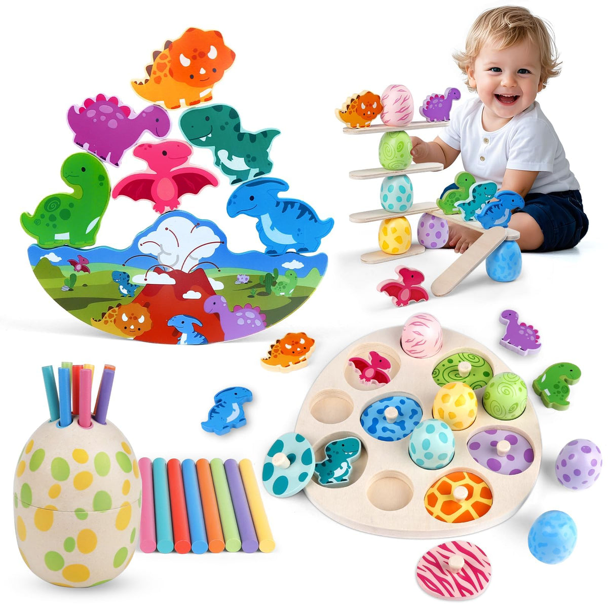 Rincalivestra Montessori dinosaur toy set pieces for toddlers improve dexterity and concentration.