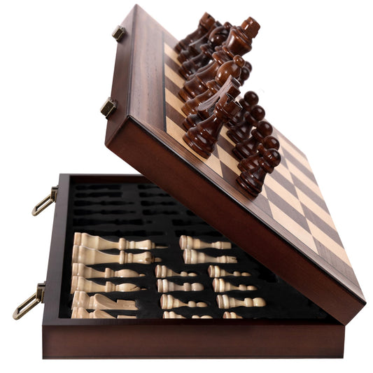 Rinten Premium wooden chess set, 15-inch board folded for compact portability.
