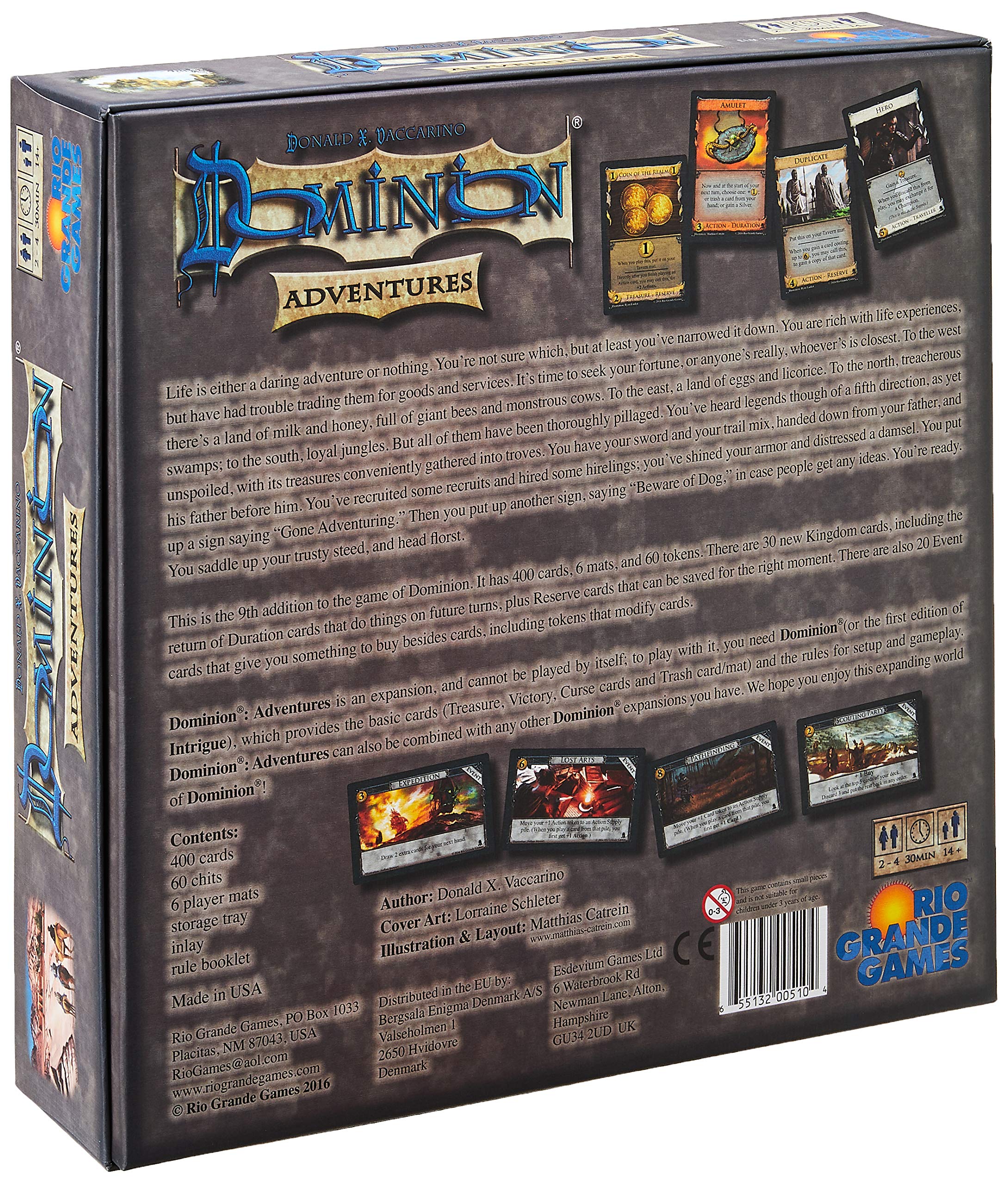 Rio Grande Games Dominion Adventures Game Gold gameplay scene highlights strategic play.