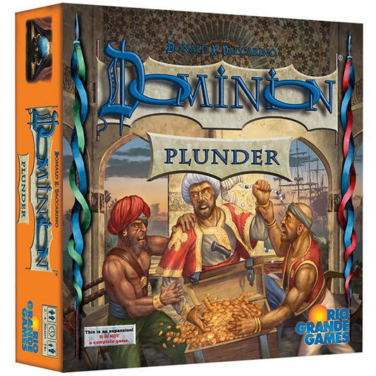 Rio Grande Games Dominion: Plunder expansion box and cards, expanding deck-building options for strategic play.