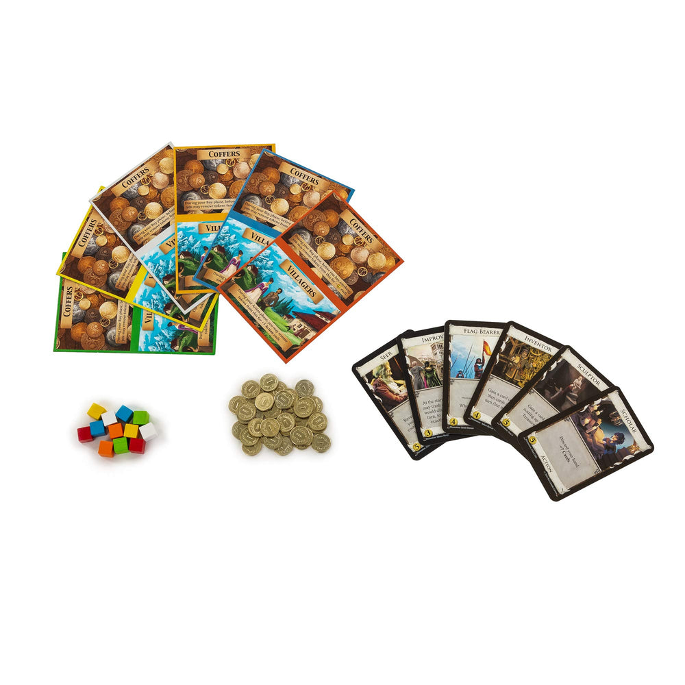 Rio Grande Games Dominion Renaissance tokens illustrate saving coins and actions for later planning