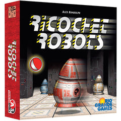 Rio Grande Games Ricochet Robots show robots navigating a modular warehouse for sharp puzzle play.