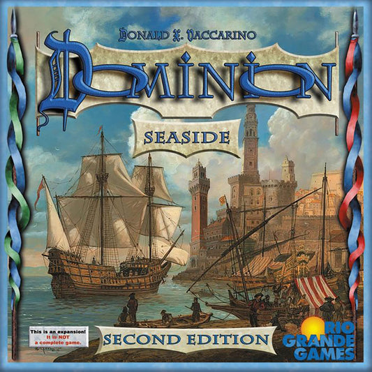 Rio Grande Games Seaside Second Edition play area prepared for competitive Dominion sessions.