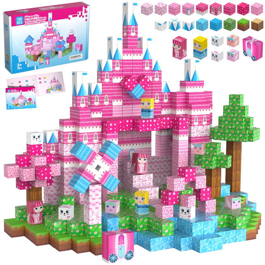 Riomuru 150pcs magnetic blocks for pink princess castle play, encouraging imaginative construction.