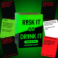 RISK IT OR DRINK IT card deck close-up highlighting bold prompts