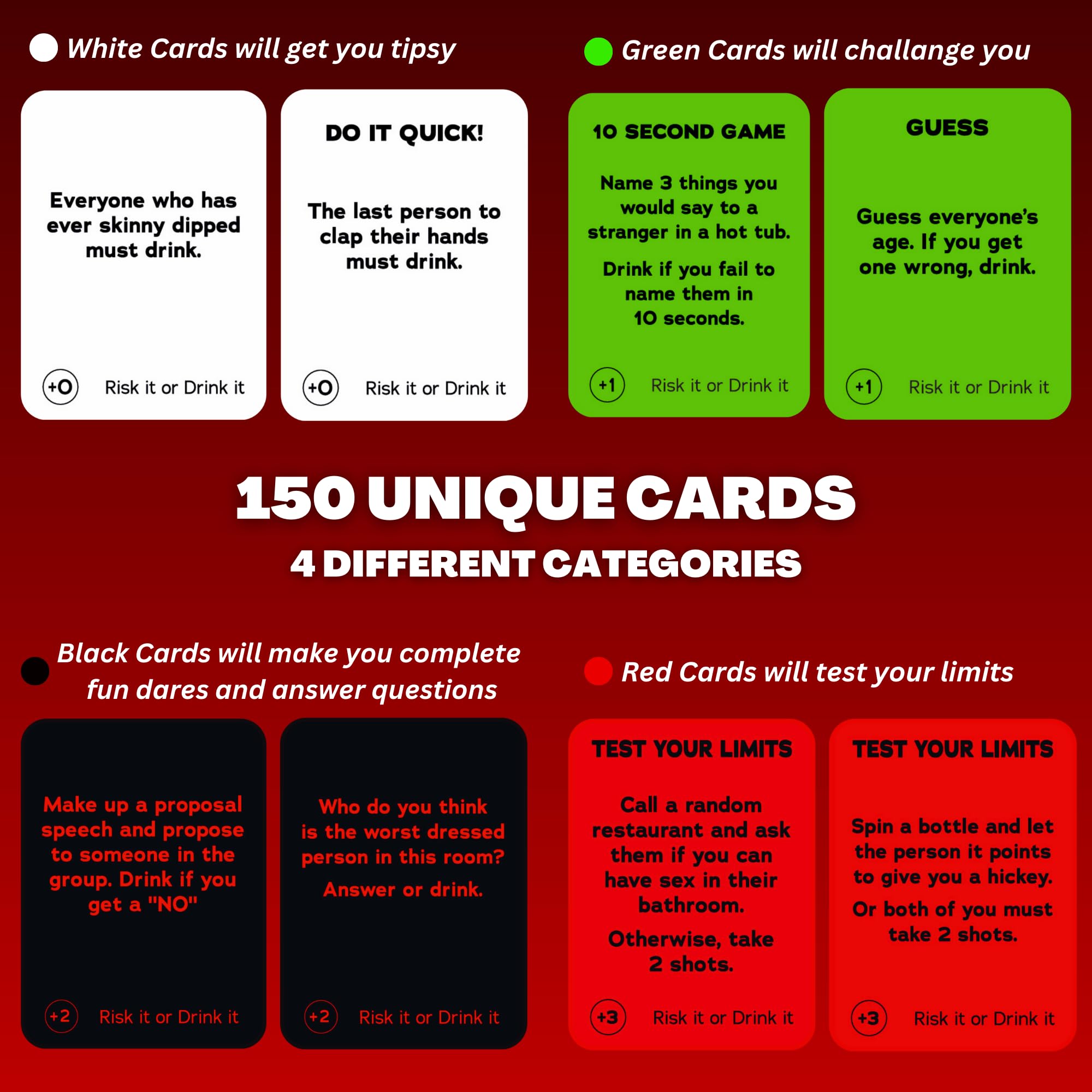 Risk It or Drink It green challenge card sparks lighthearted tasks.
