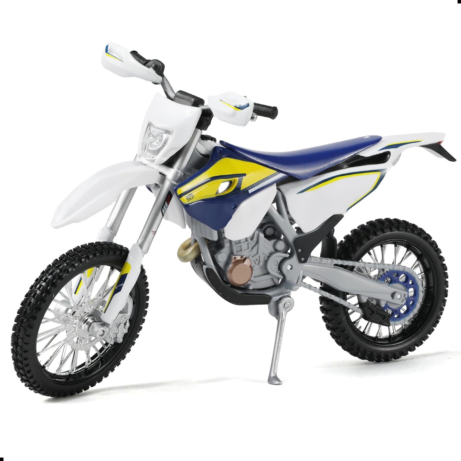 Risopen 1:12 dirtbike toy model showcasing Husqvarna FE 501 design for collectors and desk display.