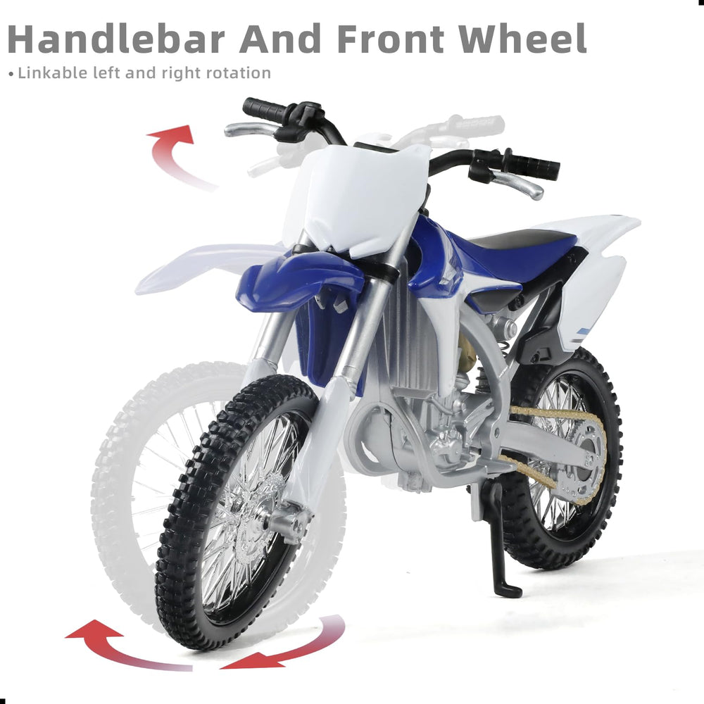 Risopen dirtbike toy rear view, crisp detailing for display.