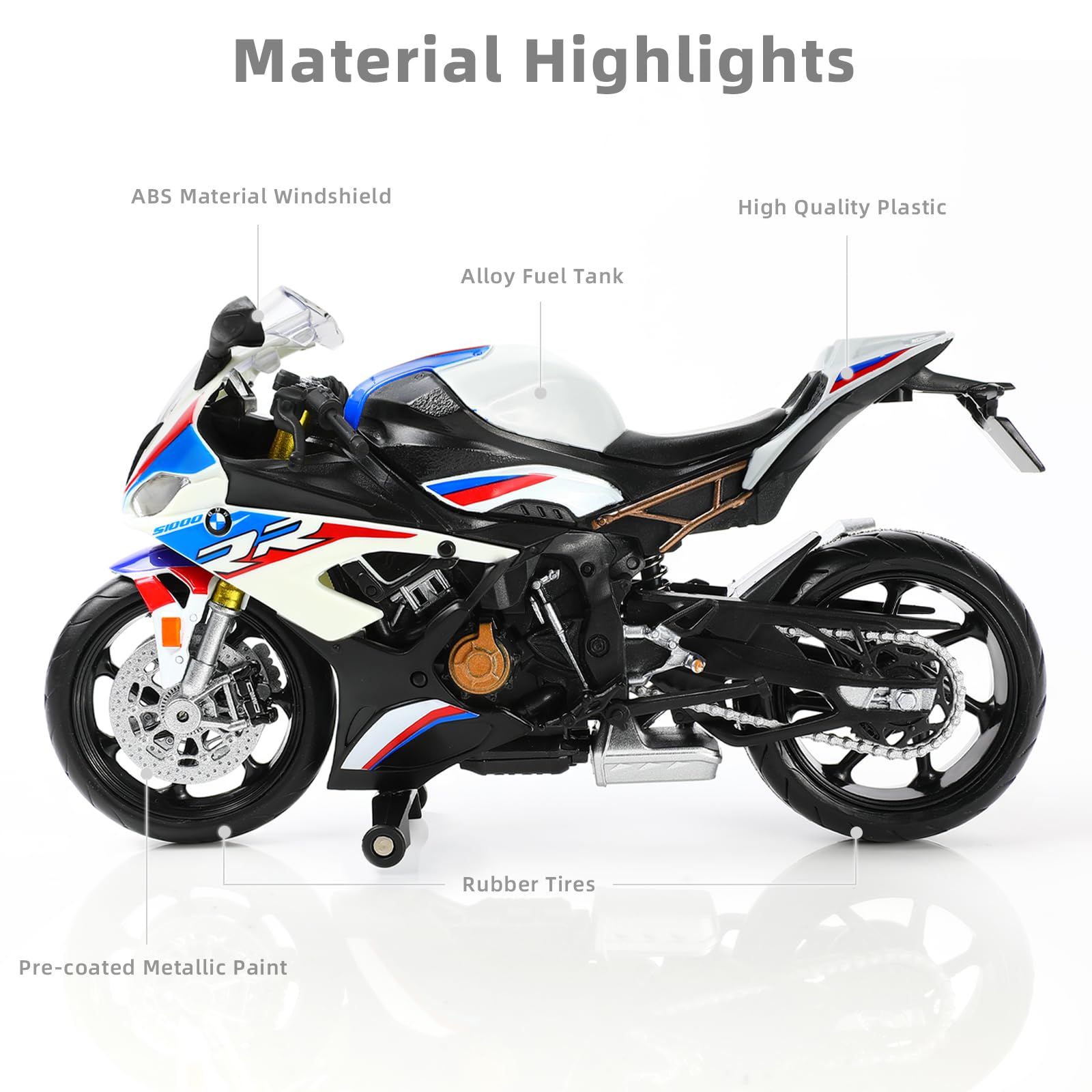 Risopen S1000RR 1:12 die-cast handlebars show precise steering aesthetics.