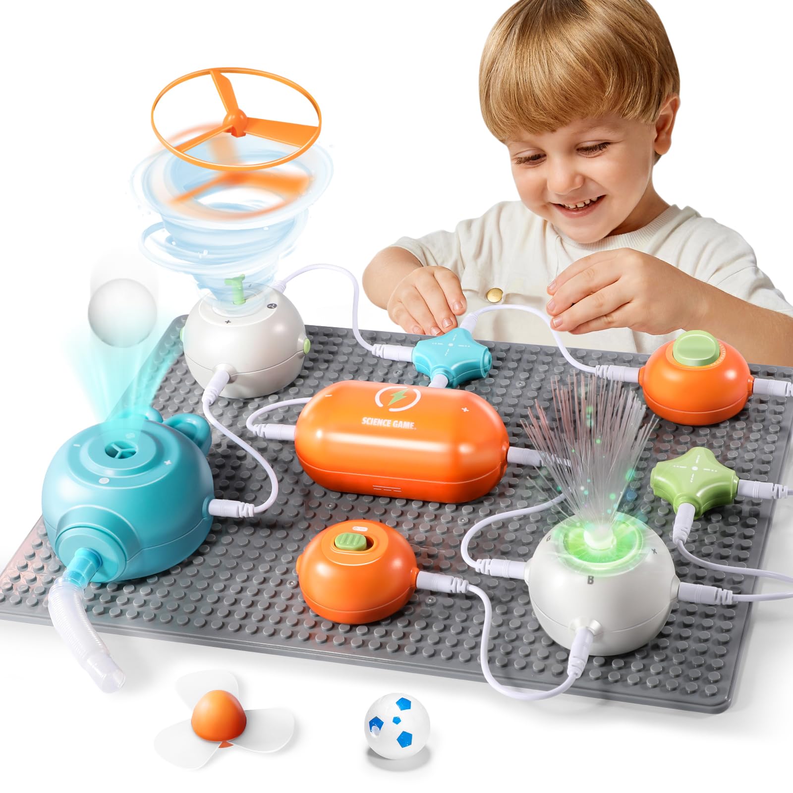 RISUNTOY Circuits Kit fan-assembly showing safe, snap-together motion experiments for kids.