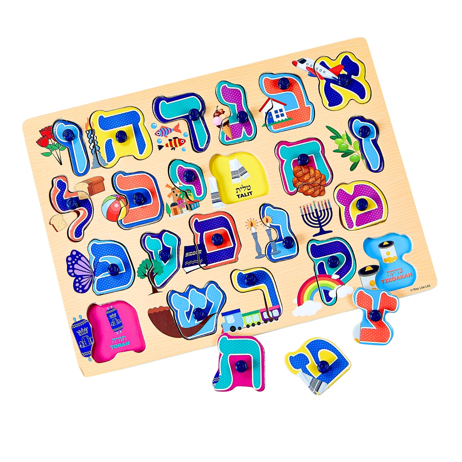 Rite Lite Alef Bais Puzzle with pink wooden letters for early Hebrew learning
