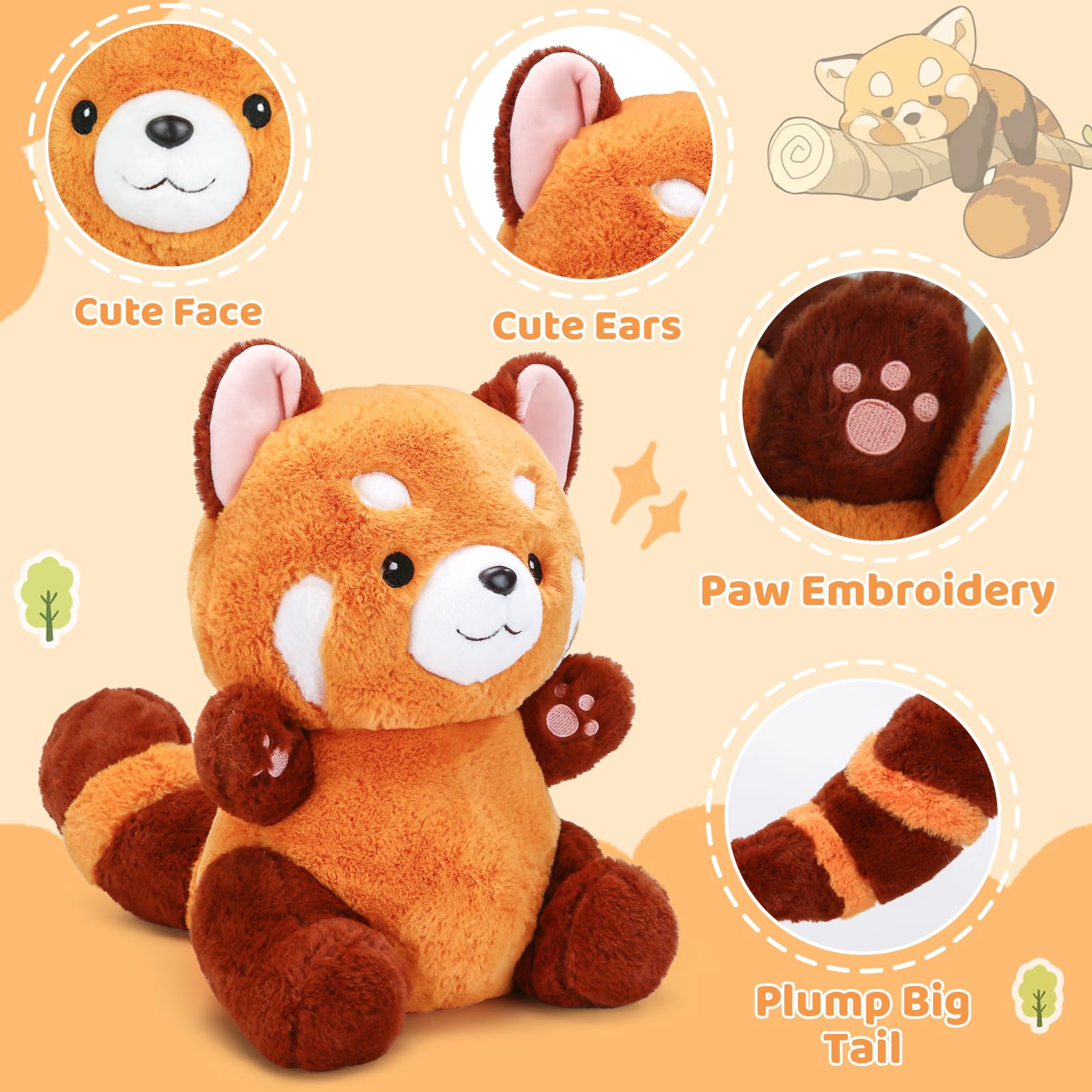 Riuhot Big Red Panda Plush tail emphasizes fluffy, charming accents.
