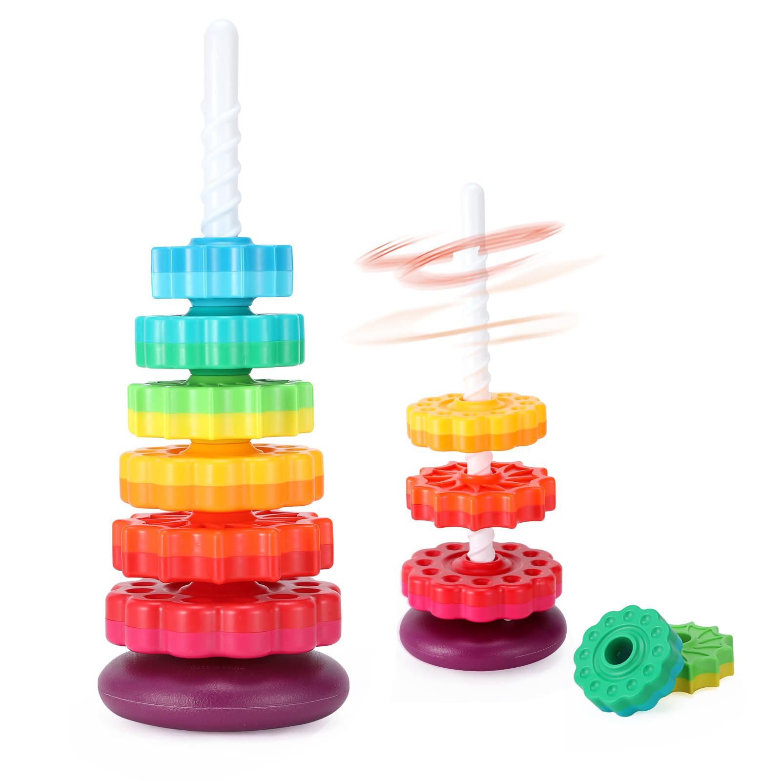 Riuja baby spinning toy with rainbow discs, encouraging visual stimulation and early coordination.