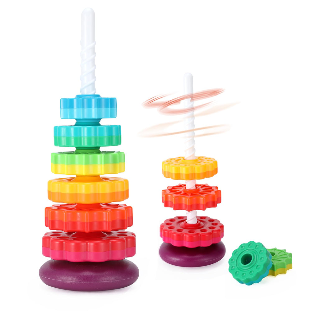 Riuja baby spinning toy with rainbow discs, encouraging visual stimulation and early coordination.