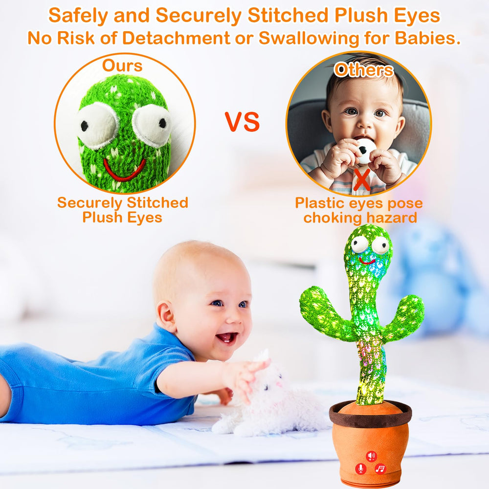 River Mill cactus toy close-up eyes showing securely stitched plush eyes for safety.
