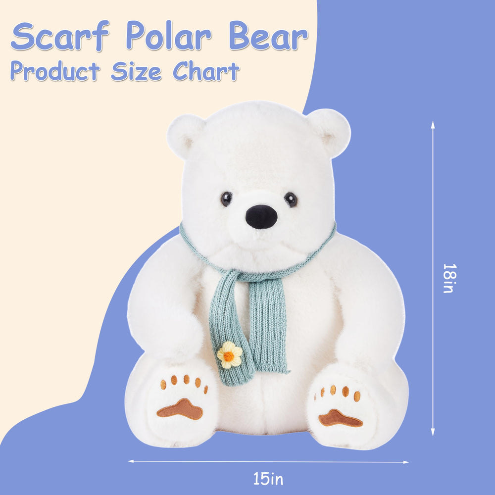 Riverwar Polar Bear Plush blue scarf adds charming detail and warmth.