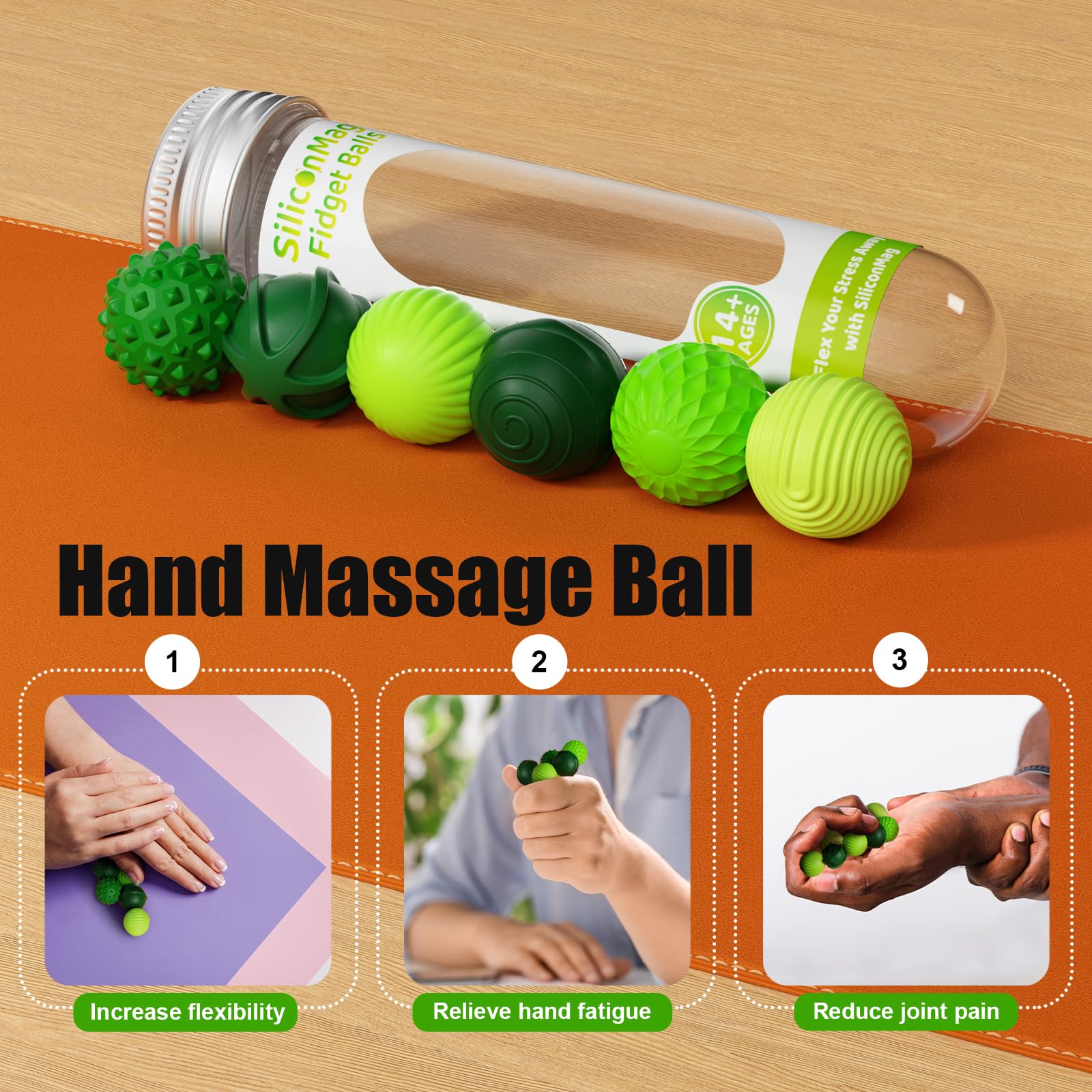 Gift-ready RIVGOT silicone magnetic balls in vibrant green and red.