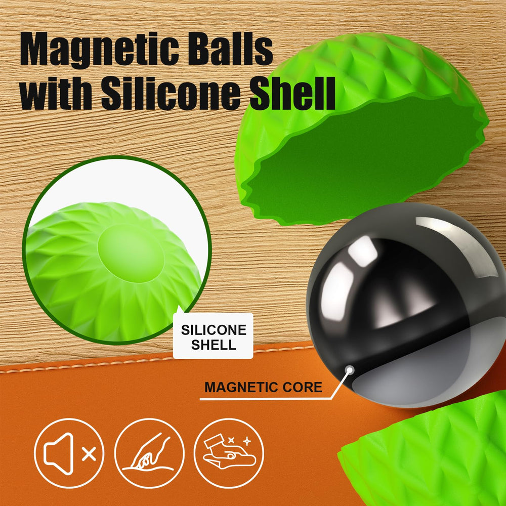 Six magnetic silicone spheres side by side showing interactive potential and play.