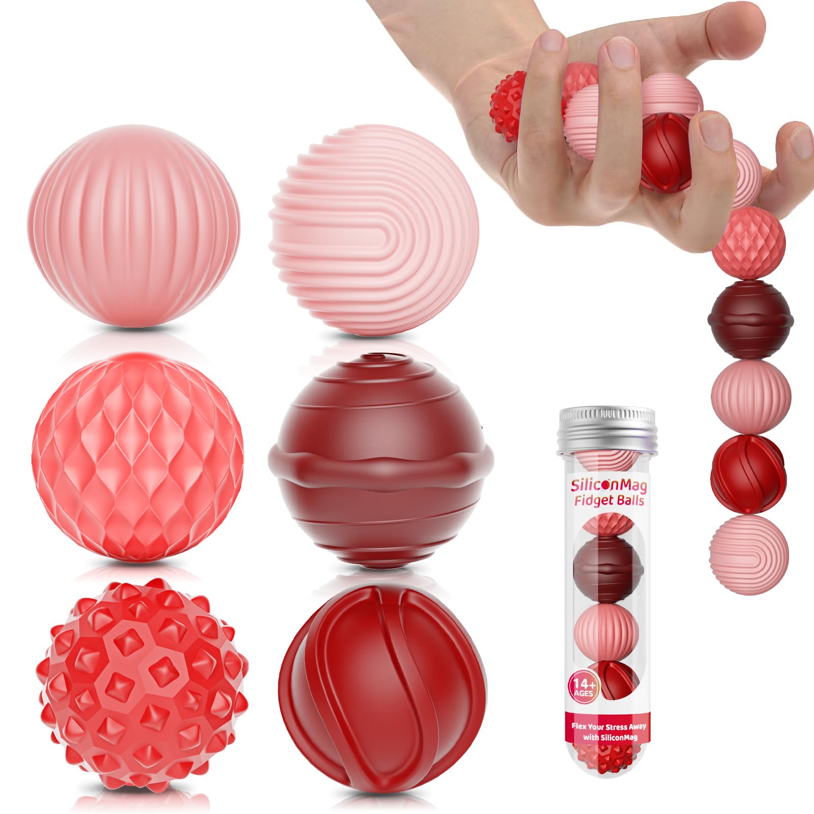 RIVGOT silicone magnetic balls with textured red surface for discreet stress relief.