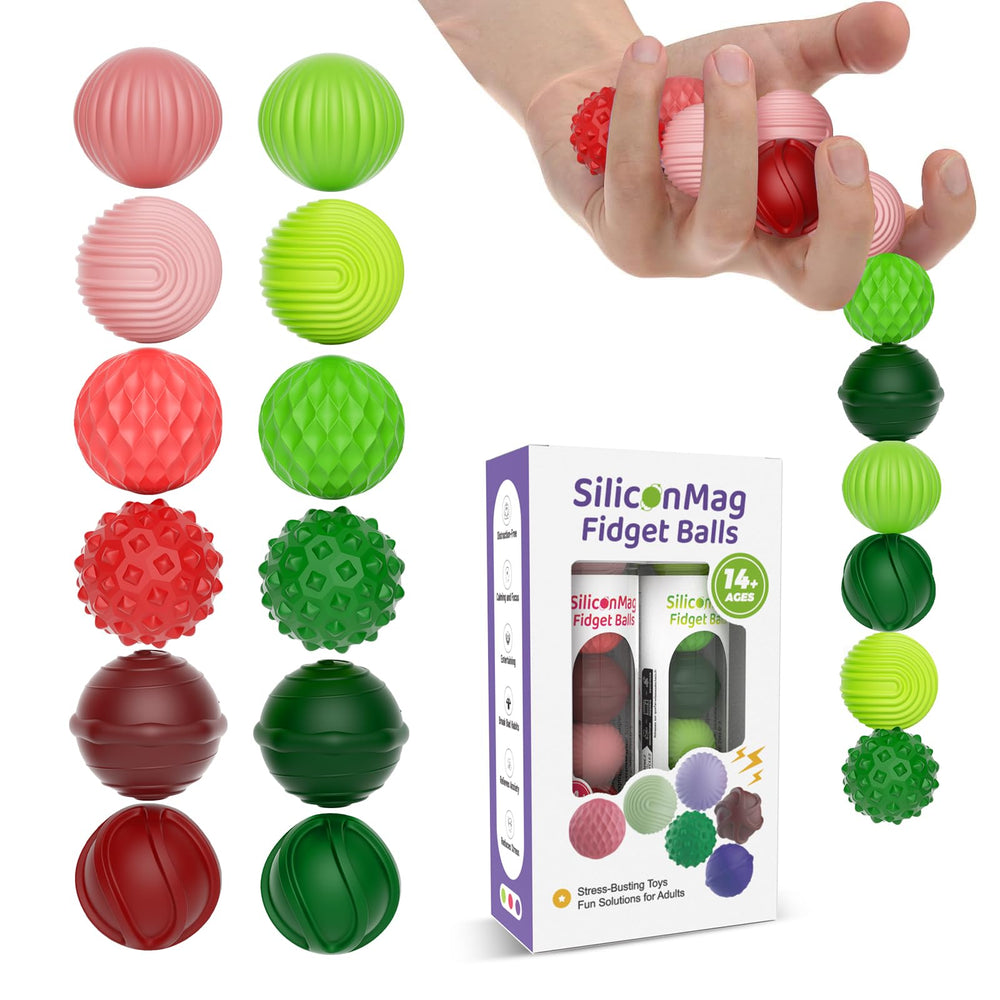 RIVGOT silicone magnetic balls in green and red with textured surfaces for focused fidgeting.