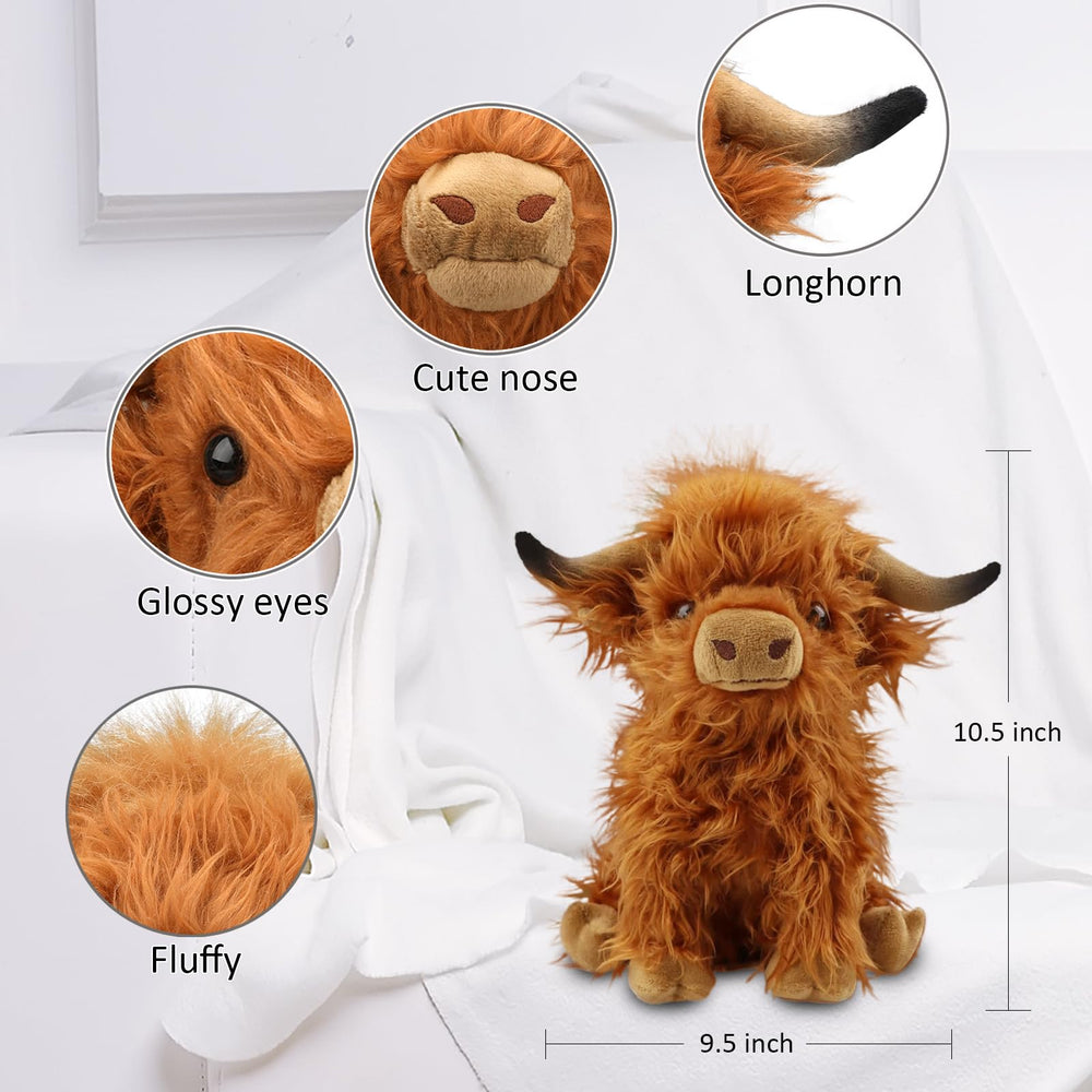 rivoeis Highland cow plush decorative display on a shelf