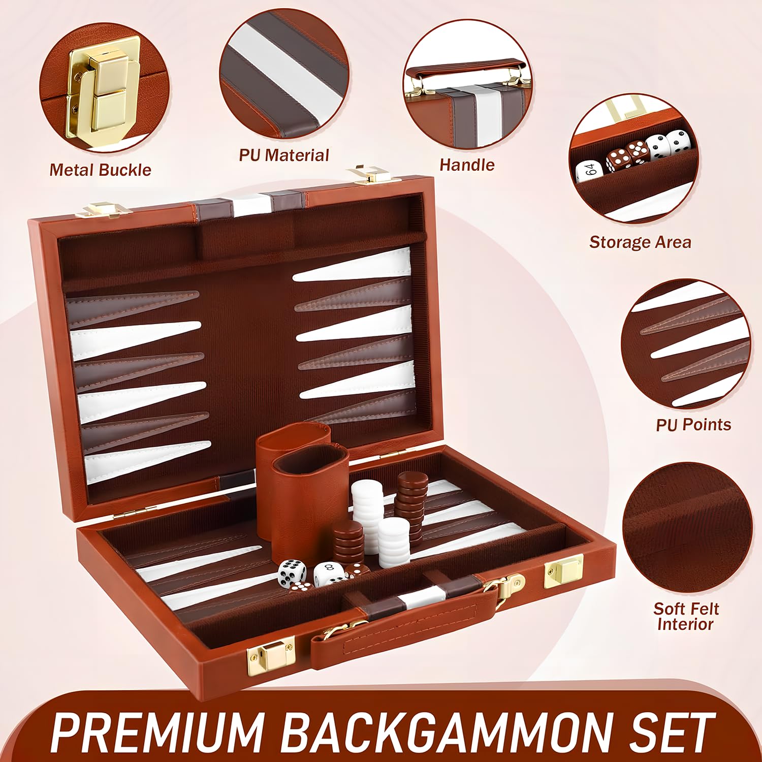 RIZENCE backgammon pieces and dice ready for instant setup.