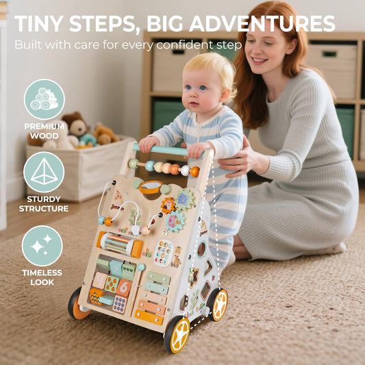 Rmischolar baby push walker side view highlighting adjustable height for growing toddlers