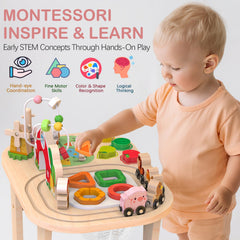 Rmischolar Farm Activity Table animal sliders boost hand-eye coordination.
