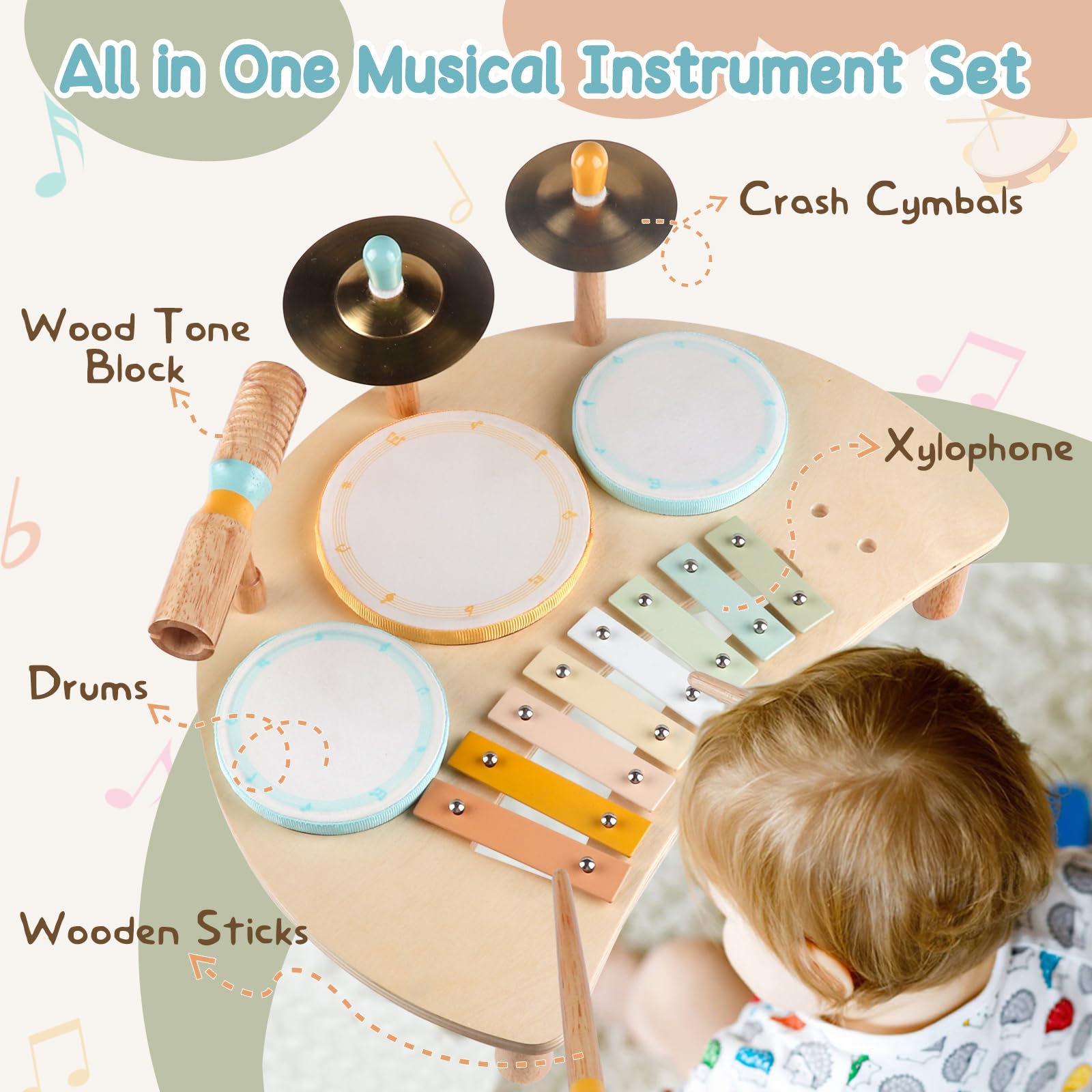 Rmischolar Kids Drum Set sheepskin drum 1 showing sturdy wooden toy for active play