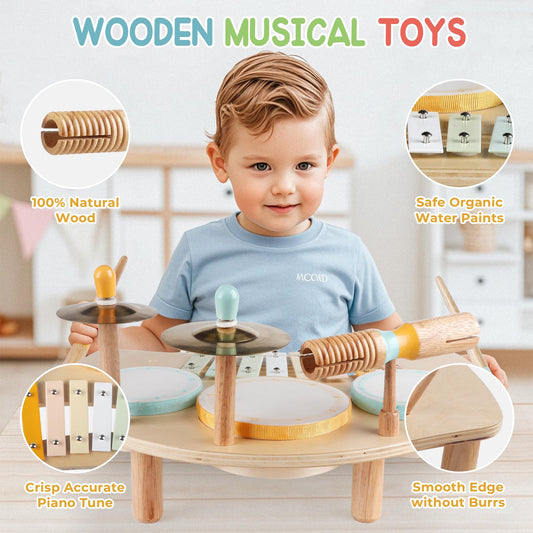 Rmischolar Kids Drum Set wood-tone block highlighting texture for calm, focused play