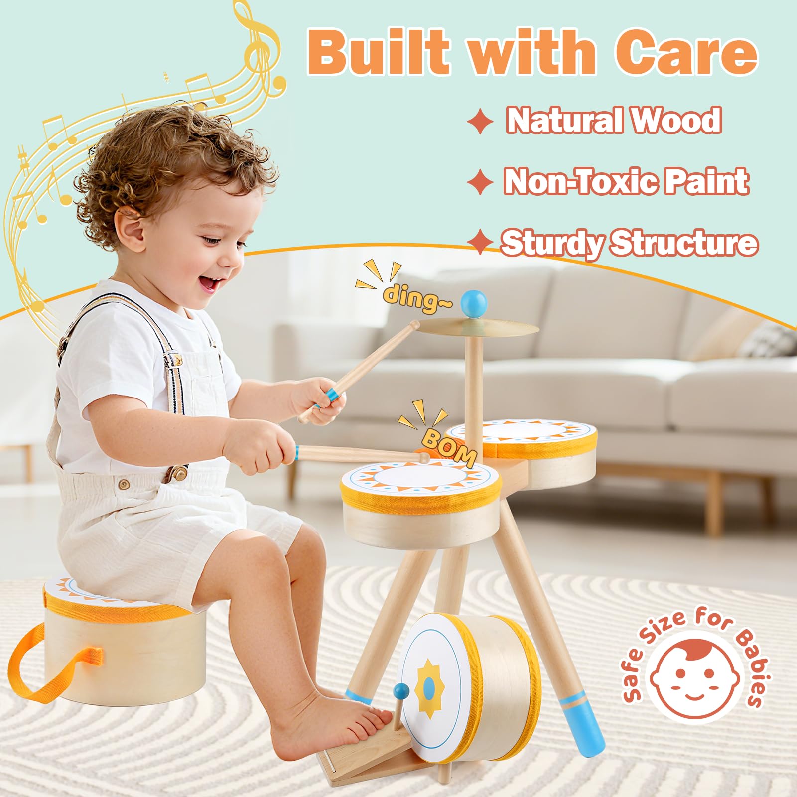 Rmischolar Kids Wooden Drum Kit bass drum with foot pedal for dynamic play.