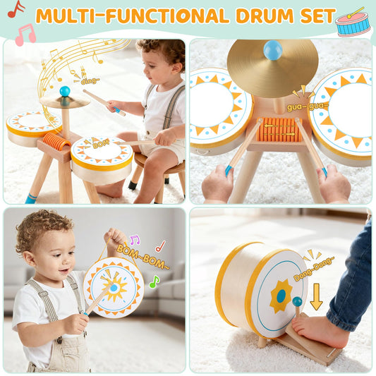 Rmischolar Kids Wooden Drum Kit cymbal close-up showing safe design.