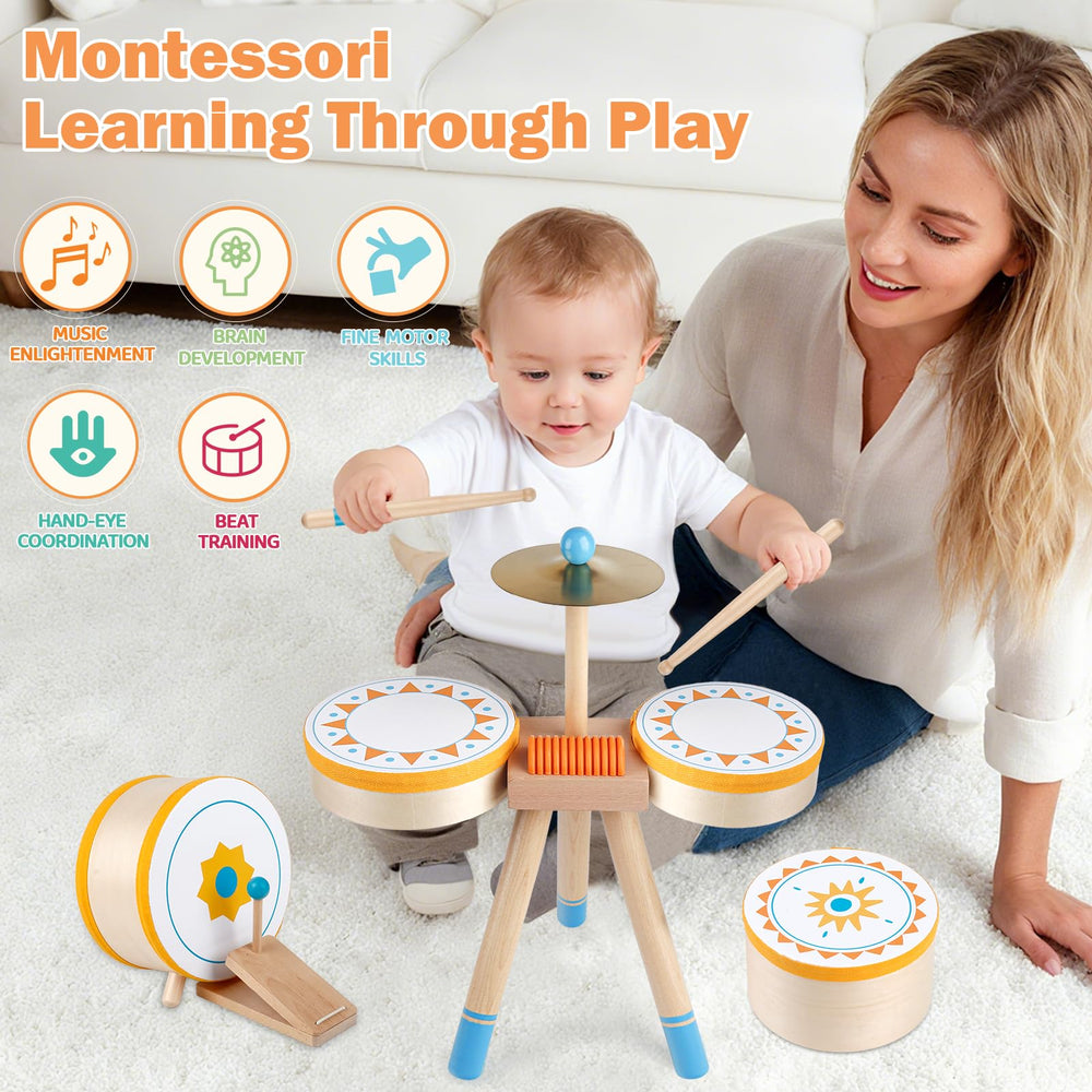 Rmischolar Kids Wooden Drum Kit drumsticks included for drumming sessions.