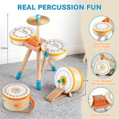 Rmischolar Kids Wooden Drum Kit safety edges highlighted for toddler play.