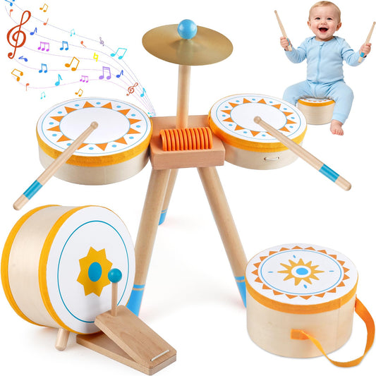 Rmischolar Kids Wooden Drum Kit top view with drums and cymbal for rhythm learning.