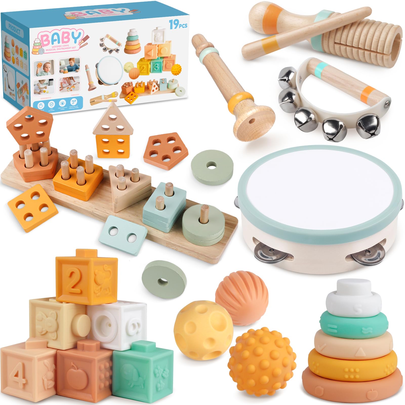 Rmischolar Montessori 8-in-1 toy set shown in neutral tones for safe, engaging play