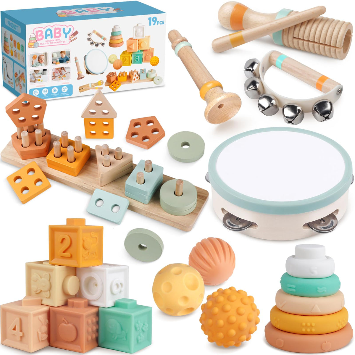 Rmischolar Montessori 8-in-1 toy set shown in neutral tones for safe, engaging play