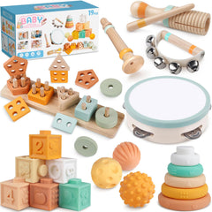 Rmischolar Montessori 8-in-1 toy set shown in neutral tones for safe, engaging play
